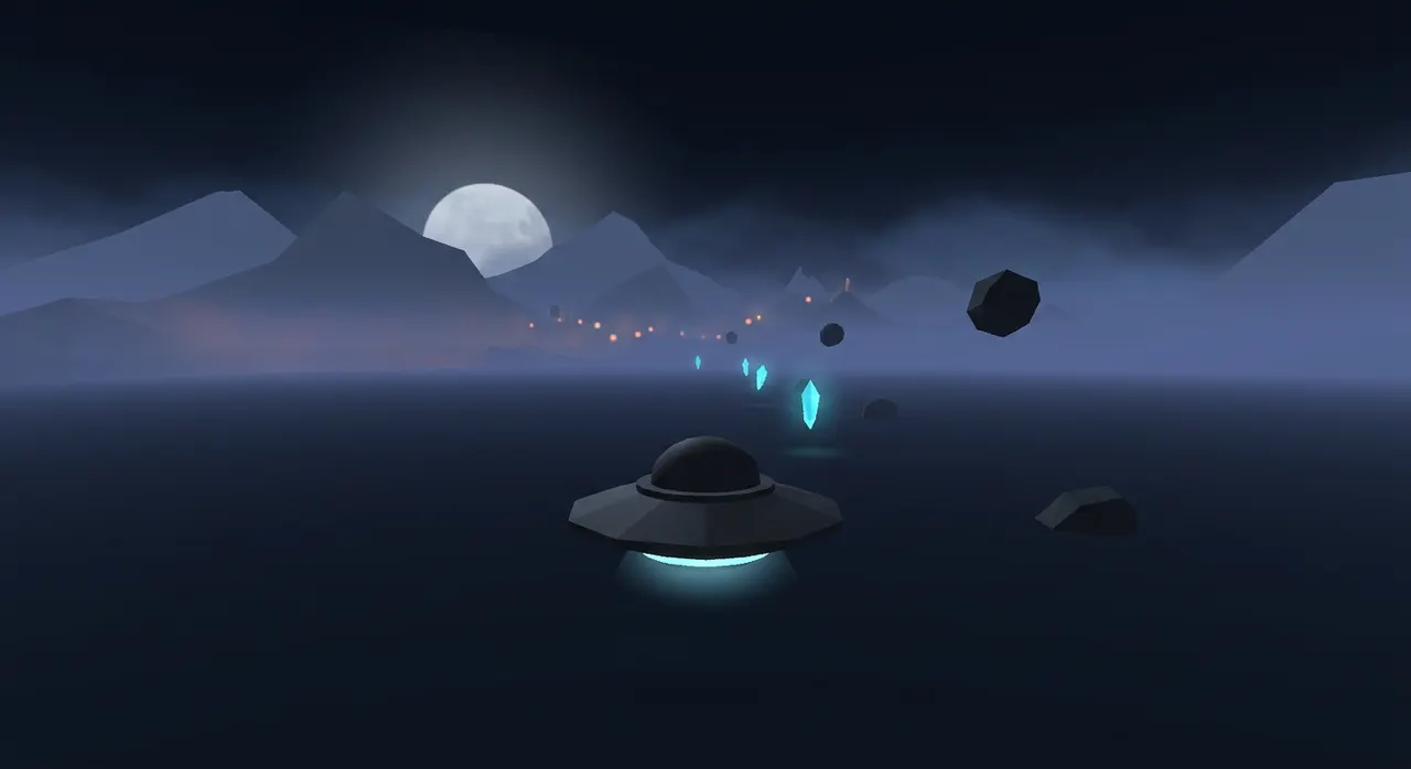 A glowing flying saucer skimming a night sea toward a pale moon